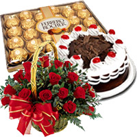 Diwali Gifts in Mumbai Send to 24 Red Roses Basket with 0.5 Kg Black Forest Cake to Mumbai Online with 24 pcs Ferrero Rocher to Ahmednagar
