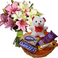 6 Pink White Lily with 6 Inches Teddy and Chocolate Basket. Diwali Gifts in Mumbai