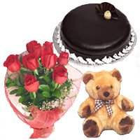 Send Flowers in Mumbai that contain Bunch of 12 Red Roses, 1 kg Chocolate Truffle Cake, 9 inch Teddy for Birthday