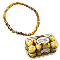 Golden Brasslet Fancy Rakhi 001 and 16 pcs Ferrero Rocher with Roli Tikka