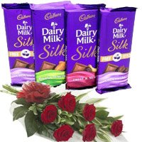 Online Birthday Gift Shops in Mumbai : Send 4 Cadbury Dairy Milk Silk Chocolates to Mumbai with 6 Red Roses