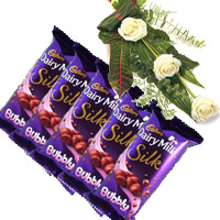 Order 5 Cadbury Silk Bubbly Chocolates to Mumbai With 3 White Roses in Amravati. Diwlai Gifts in Akola