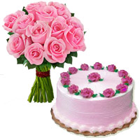 Send 1/2 Kg Strawberry Cake 12 Pink Roses Bouquet Mumbai