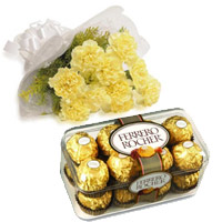 Send 10 Yellow Carnation 16 Pcs Ferrero Rocher Chocolate Gifts to Mumbai