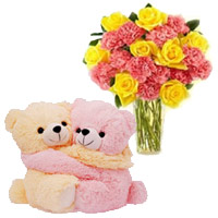 Bhaidooj Gifts to Mumbai : Buy 24 Pink Carnation Yellow Rose Vase With Hugging Teddy Bear