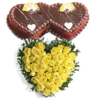 40 Yellow Roses Heart 2 Kg Twin Heart Shape Chocolate Cake Order Online Mumbai