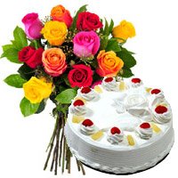 Place Online Order for 12 Mix Roses 1 Kg Pineapple Cake in Mumbai. New Year Flowers to Mumbai