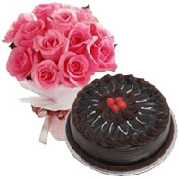 Buy Online 12 Pink Roses 1 Kg Eggless Chocolate Cake to Mumbai on Friendship Day
