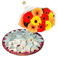 Online Diwali Gifts Delivery to Mumbai to Send 12 Mix Gerbera with 1 Kg Kaju Barfi