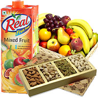 Send Friendship Day Gifts, 1 Kg Real Juice with 2 Kg Fresh Fruits Basket with 1 Kg Mix Dry Fruits to Mumbai