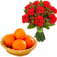 New Year Gifts to Pune encircled with 12 Red Carnations Bunch with 12 pcs Fresh Orange