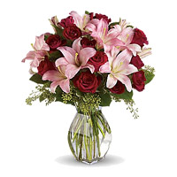 Send New Year Flowers to Panval 3 Pink Lily 12 Red Roses to Mumbai