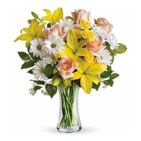 Send Friendship Day Flowers to Mumbai. 4 Yellow Lily 10 Pink Rose 12 White Gerbera Flowers in Vase to Mumbai 