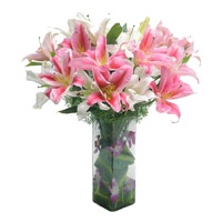 Send 8 Pink White Oriental Lily 2 Orchids in Vase Flowers Mumbai on Friendship Day
