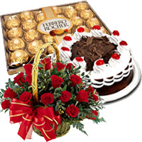 Online Gift Delivery in Mumbai Same Day along with 24 Red Roses Basket with 0.5 Kg Black Forest Cake and 24 pcs Ferrero Rocher to Mumbai