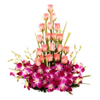Online Flower Delivery for Friends of 5 Orchids 30 Roses Arrangement Flowers to Mumbai