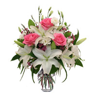 Send Pink Roses and White Lily in Vase. Online Rakhi Flowers to Mumbai