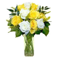 Send Bhaidooj Flowers to Mumbai. Yellow White Roses Vase 12 Flowers in Mumbai