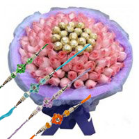 Rakhi Gift Delivery in Mumbai. 50 Pink Roses 16 Pcs Ferrero Rocher Bouquet