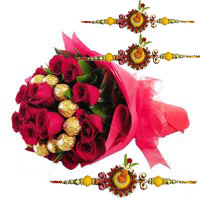 Send Online 16 pcs Ferrero Rocher 24 Red Roses Bouquet with Rakhi to Mumbai
