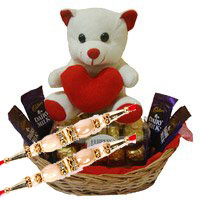 Rakhi Gift in Mumbai with 4 Dairy Milk 16 Ferrero Rocher Chocolates and 6 Inch Teddy Basket