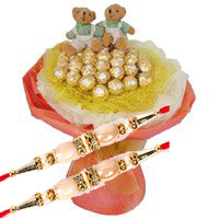 Order for 16 Pcs Ferrero Rocher Chocolate and Rakhi to Mumbai with Twin 6 Inch Teddy Bouquet on Rakhi