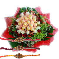 Send 16 Pcs Ferrero Rocher Chocolate with Rakhi to Mumbai and 24 Red White Roses Flowers Bouquet to Mumbai